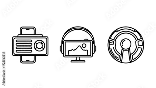 Device and Interface Icons: Printer, VR Headset, and Steering Wheel - Vector Graphic