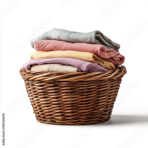 Wicker Laundry Basket Filled with Pastel Clothes in Minimal Home Setting
