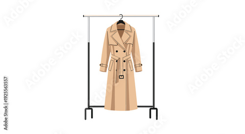 A long beige double-breasted trench coat hangs from a black hanger on a metal clothing rack against a plain white background in a flat style.