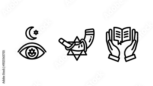 Religious and Spiritual Symbols: Eye with Crescent Moon and Star of David, Shofar, and Hands Holding Book Representing Faith Traditions.