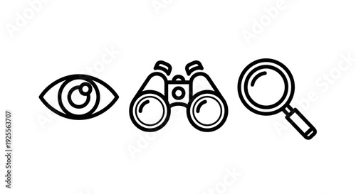 Vision and Exploration Icons: Eye, Binoculars, and Magnifying Glass Symbols for Search, Discovery, and Observation Concepts.