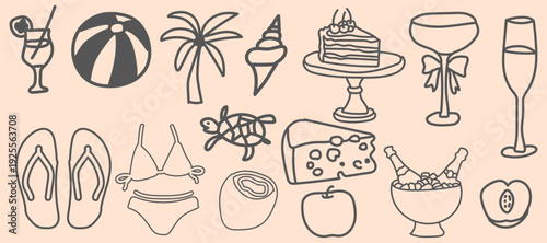 Hand drawn doodle beach for summer tropical vacation elements with cocktail, palm tree, ice cream, cake, champagne, flip flops and beach ball perfect for summer designs, t-shirts, posters, and placard