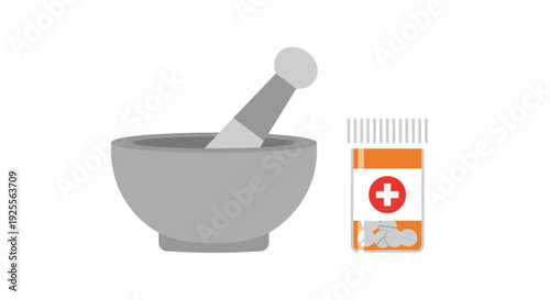 A grey stone mortar and pestle set sits next to an orange prescription pill bottle with a red cross logo on a white background.