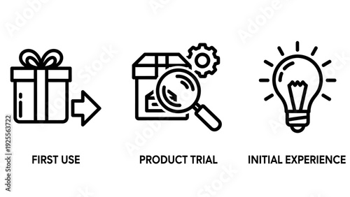 Product Onboarding and Innovation Icons: First Use Gift, Product Trial Package, and Initial Experience Light Bulb for User Journey.