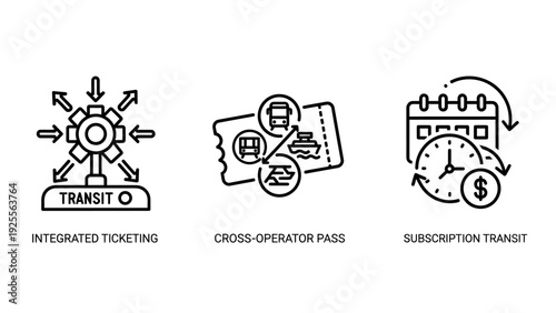 Modern Public Transportation System Line Icons: Integrated Ticketing, Cross-Operator Passes, and Subscription Transit for Urban Mobility