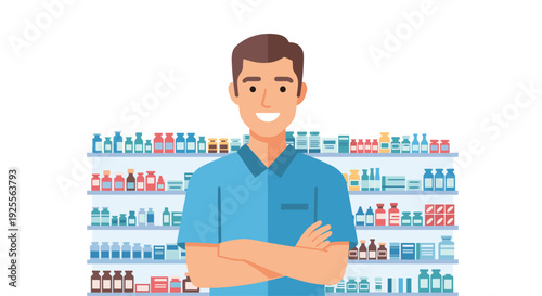 A smiling male pharmacist with crossed arms stands in front of organized shelves filled with colorful medicine bottles and boxes in a pharmacy setting.
