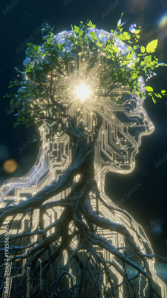 Naklejka premium A human head outline is formed by circuitry, with a tree growing from it and emanating light.