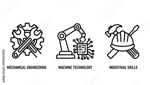 Industrial Engineering and Machine Technology Icons: Mechanical Tools, Robotic Automation, and Construction Safety Equipment for Modern Manufacturing and Skilled Labor Concepts