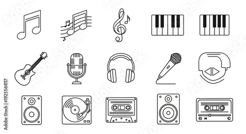 Music Icons and Audio Equipment Symbols.