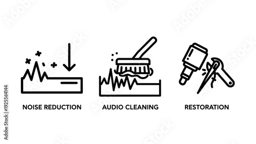 Professional Audio Enhancement Icons: Noise Reduction, Sound Cleaning, and Restoration Processes for High-Quality Audio Engineering and Post-Production Work