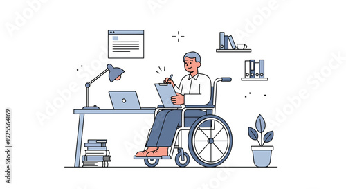 An elderly man in a wheelchair sits at a desk and writes on a clipboard in an office containing a laptop and a desk lamp.