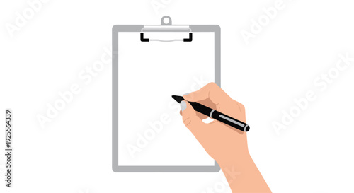 A fair-skinned hand holds a black pen and prepares to write on a blank white paper attached to a grey clipboard against a white background.