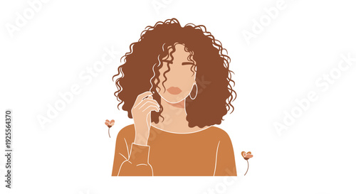 A minimalist portrait of a woman with large curly brown hair wearing an orange sweater and hoop earrings stands against a white background.