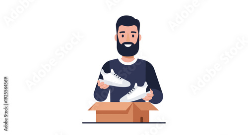 A smiling bearded man wearing a dark blue sweater holds a pair of white sneakers over an open brown cardboard box against a white background.