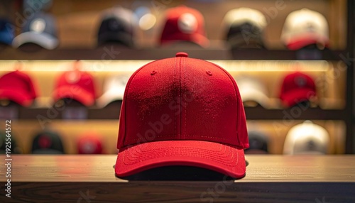 Close Up of Red Baseball Cap on Wood Counter with Assorted Hats Behind