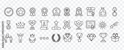 Collection of awards, medals, trophies, and success symbols in a clean line art vector illustration, perfect for recognition and achievement themes.