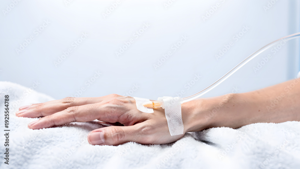 Fototapeta premium Hospital Patient Hand with IV Drip Tube