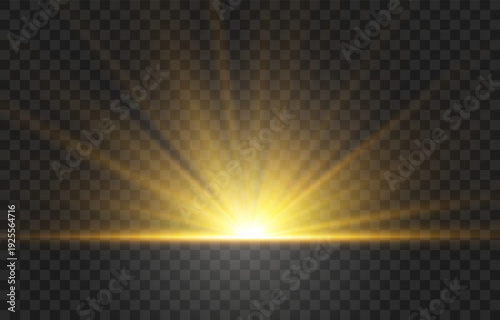 Golden sun rising from the horizon with blinding light rays isolated on transparent background, sunrise or sunset. Vector illustration