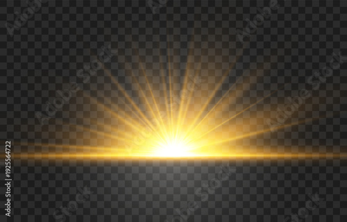 Golden sun rising from the horizon with blinding light rays isolated on transparent background, sunrise or sunset. Vector illustration