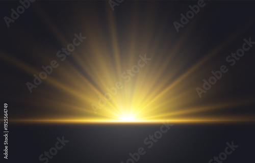 Golden sun rising from the horizon with blinding light rays isolated on transparent background, sunrise or sunset. Vector illustration