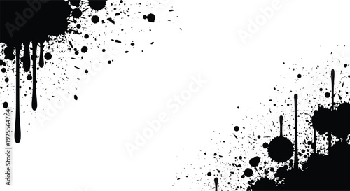Black ink splatter background with messy paint drips and spray droplets, artistic grunge texture, creative design element for layouts