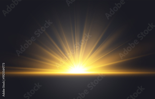 Golden sun rising from the horizon with blinding light rays isolated on transparent background, sunrise or sunset. Vector illustration