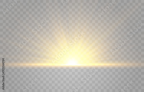 Golden sun rising from the horizon with blinding light rays isolated on transparent background, sunrise or sunset. Vector illustration