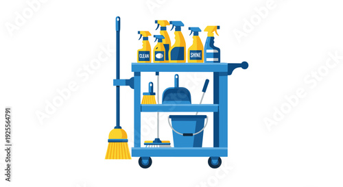 A blue three-tiered cart stands filled with yellow and blue spray bottles a bucket a dustpan and a broom on a white background.
