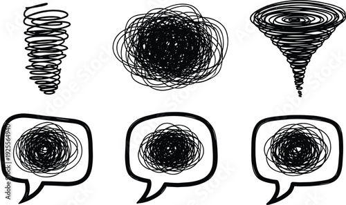 Hand drawn black scribble tornado icons, messy ink cloud doodles and speech bubbles, creative abstract line art for expressive design