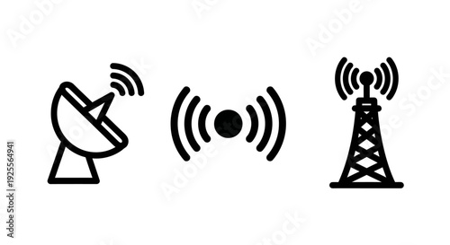 Satellite Dish, Wireless Signal, and Cell Tower Icons: Telecommunication and Network Technology Concepts for Global Connectivity