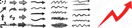 Hand drawn arrow collection, doodle pointing symbols, sketch direction indicators, curved and straight lines