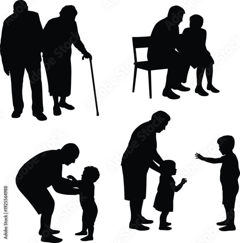 Large collection of black silhouettes featuring elderly people with walking canes and grandparents playing with young grandchildren isolated on white background for family care
