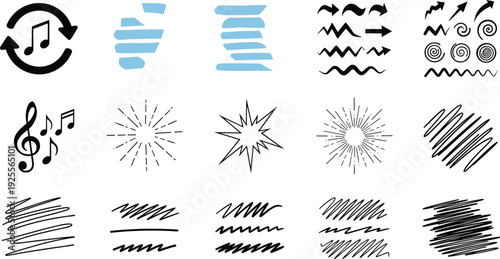 Hand drawn music notes, arrows, sunburst rays and scribbles, creative doodle design elements, organic sketch icons vector illustration graphic