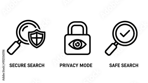 Secure Search, Privacy Mode, and Safe Browsing Icons. Outline vector illustrations for digital security, online data protection, and internet privacy concepts.