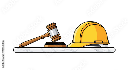 A wooden legal gavel and a yellow construction hardhat are placed side by side on a white marble surface against a white background.