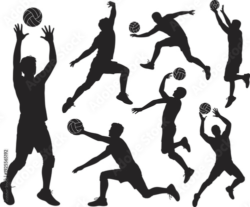 Large collection of black silhouettes featuring male volleyball players jumping spiking serving and diving isolated on white background for sports competition and athletic design