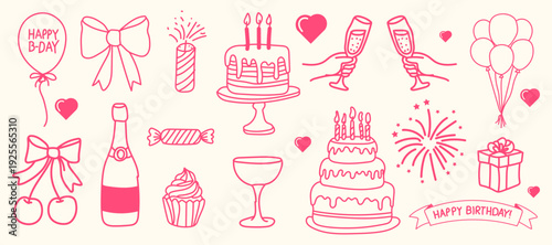 Hand Drawn Birthday Celebration Doodles. Cakes, Balloons, Champagne, and Party Icons for Invitations, Cards, and Event Designs.