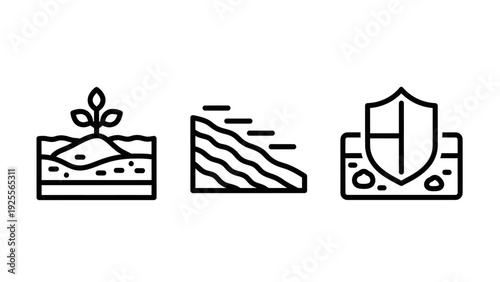 Soil Health, Erosion, and Land Conservation Icons. Vector outline illustrations for agriculture, environmental protection, and sustainable farming practices.