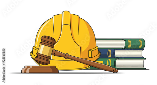 A yellow construction hard hat rests behind a wooden gavel and a stack of law books on a white surface against a plain background.