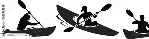 Black silhouettes of male and female athletes rowing kayaks and paddling canoes on water isolated on white background for outdoor water sports and adventure