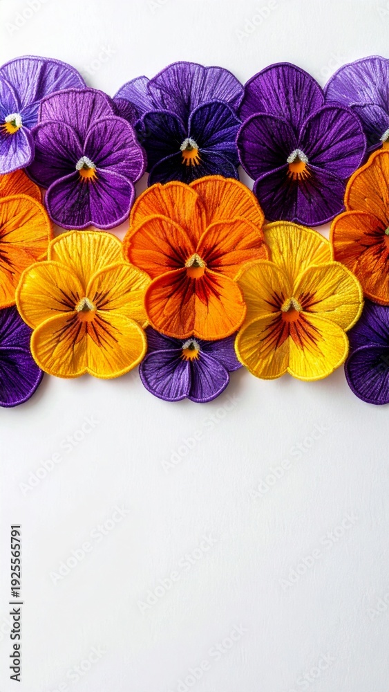 Obraz premium Vibrant Pansy Flowers in Yellow Orange and Purple on White Background