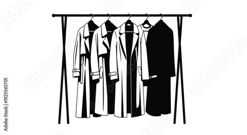 A black and white illustration of coats hanging on a clothing rack