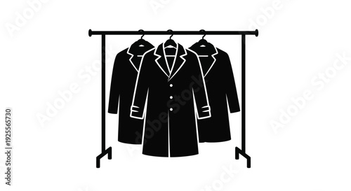 A black and white illustration of a clothing rack with suits