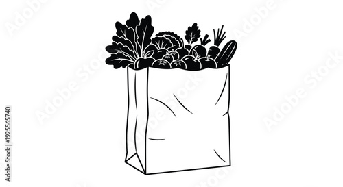 A simple black and white illustration of a paper bag filled with leafy greens
