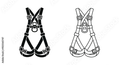 Line drawing of two full body safety harnesses front and side views