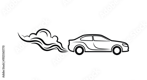 Black and white line drawing of a speeding car with smoke trails