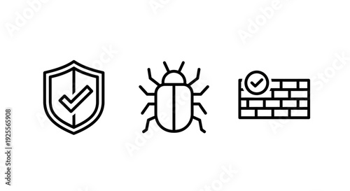 Cybersecurity Protection Icons: Digital Shield, Antivirus Software, Malware Defense, and Secure Firewall for Internet Safety