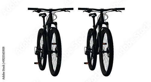 Two black mountain bikes are displayed against a white background