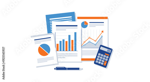 A collection of financial reports with colorful charts and graphs is displayed next to a blue calculator and a pen on a white surface.