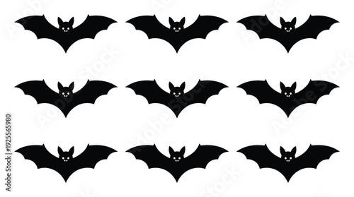 A pattern of nine black bats with white eyes on a white background
